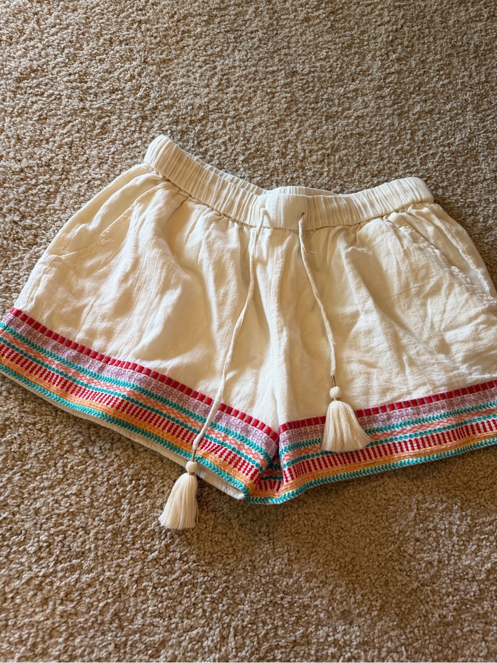 THML Cream High-Waist Embroidered Tassel Shorts